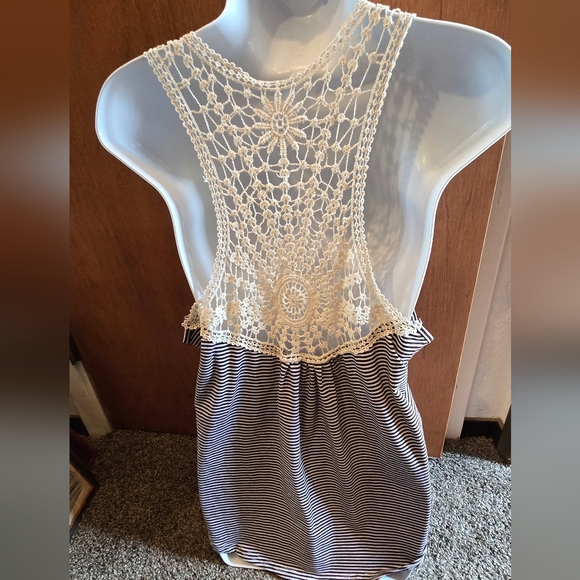 Free People Blue & White Striped Lace Crochet Tank Top SzM - Picture 6 of 6